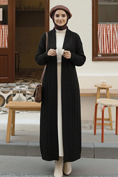 benguen Knitted Patterned Long Knitwear Cardigan R4251 Black