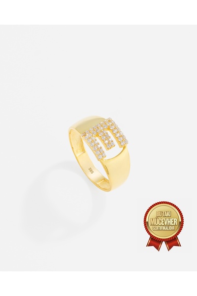 MEKS JEWELS 14 Ayar Kişiye Özel Harfli ve Zirkon Taşlı Altın Yüzük