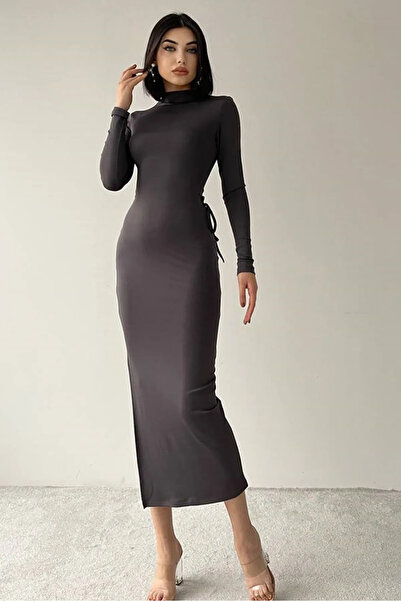 WOMAN VISION Damen-Midi-Abendkleid aus mauvefarbenem, sandfarbenem Stoff mit ...