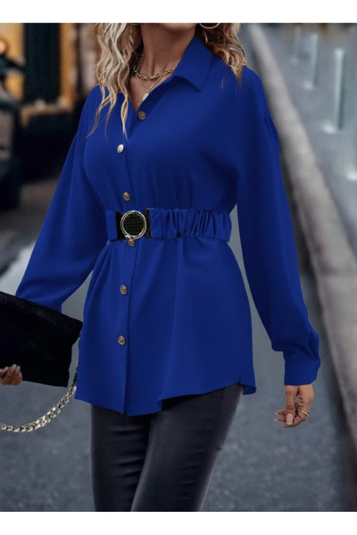 KentselBazaar Women's Long Sleeve Collared Front Buttoned Belted Imported Crepe Blouse