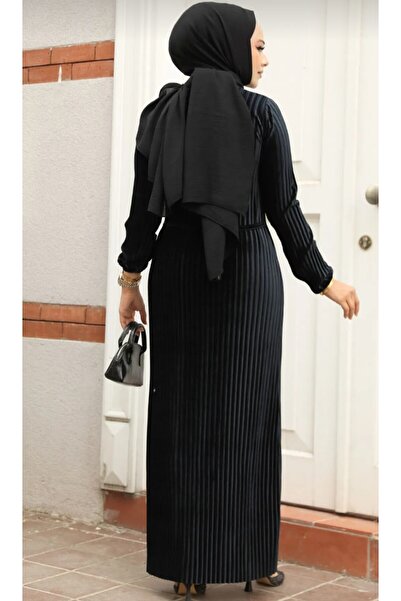 Neva Style Μαύρο Βελούδινο Μουσουλμανικό Φόρεμα - Πλισέ 22751S