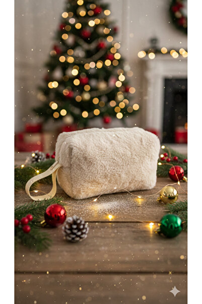 NS reliable NS Soft Charm Makyaj Çantası Peluş Günlük Makyaj Çantası Kompakt Tasarım-16x10x6,50 cm Krem