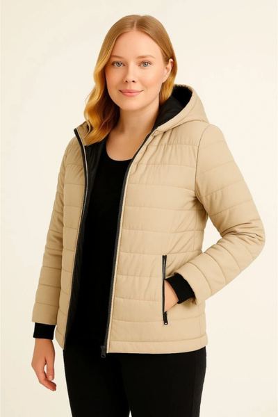 KentselBazaar Inflatable Hooded Zippered Jacket Water Repellent Quilted Lining Fabric Pocket Winter Comfortable Fit - Beige