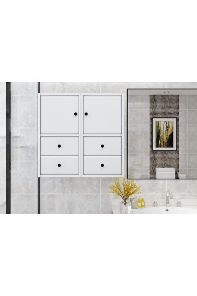 Nettrends Window Kapaklı Çekmeceli Duvar Tipi Beyaz Banyo Rafı BNY-1039