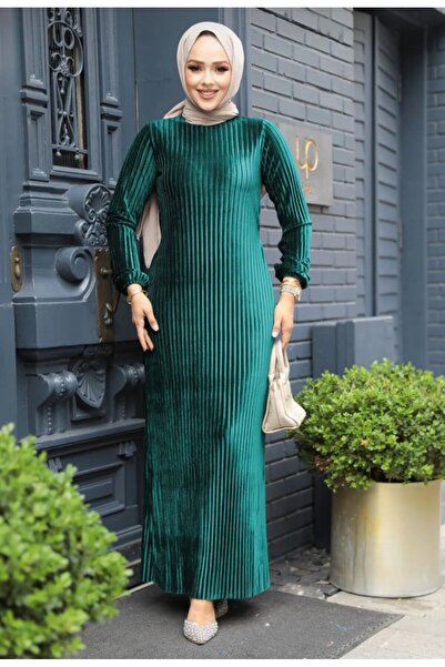 Neva Style Σμαραγδένιο Πράσινο Βελούδινο Πλισέ Μουσουλμανικό Φόρεμα - 22751ZY