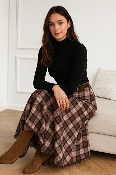 Afiş Butik Brown Women's Belted Plaid Long Skirt