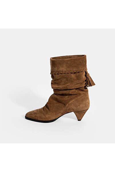 Desa Women's Tan Tassel Detailed Suede Heeled Boots