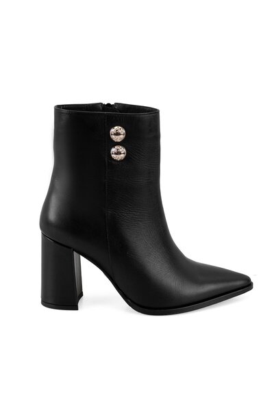 Desa Women's Black Leather Heeled Boots with Metal Accessories
