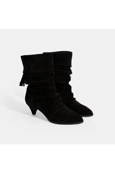 Desa Women's Black Tassel Detailed Suede Heeled Boots