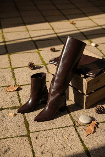 Riccon Detachable Dust Cover Detailed Pointed Toe 2in1 Women's Boots Brown Rustic