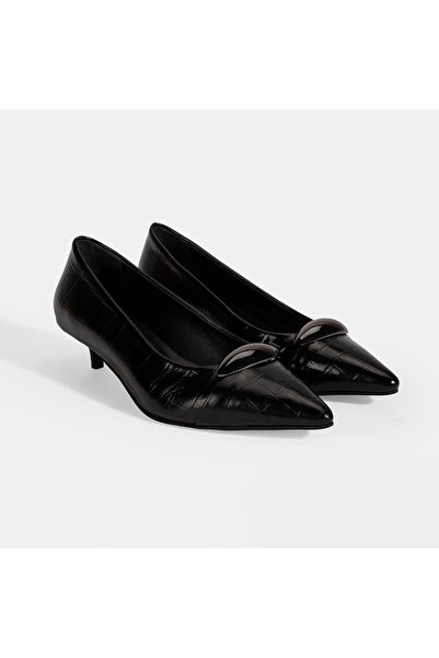 Desa Women's Black Crocodile Printed Leather Heeled Shoes