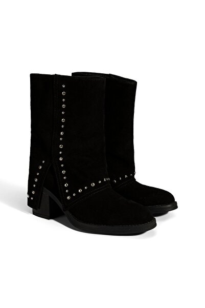 Desa Kadın Siyah Zımba Detaylı Kalın Topuklu Süet Bot