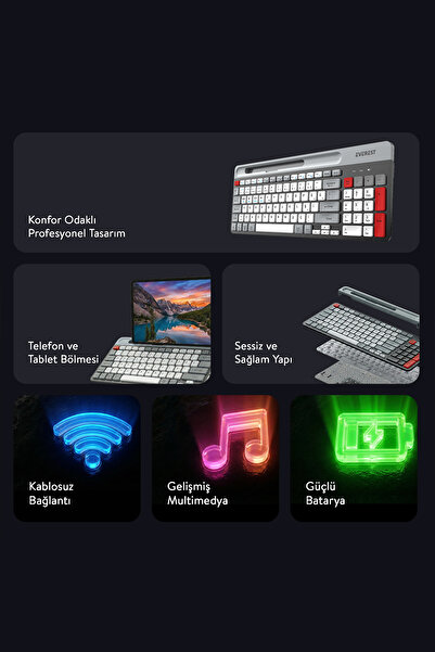 Everest Kb-88 Ruby Siyah/gri Kablosuz 2.4g + Bluetooth Bt1 Bt2 Çoklu Cihaz Bağlantılı Q Ince Klavye