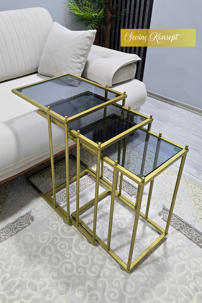SEVİNÇ KONSEPT 3'lü GOLD Tekerlekli C Sehpa, FÜME CAM, Güvenilir 6 mm Kalın C...