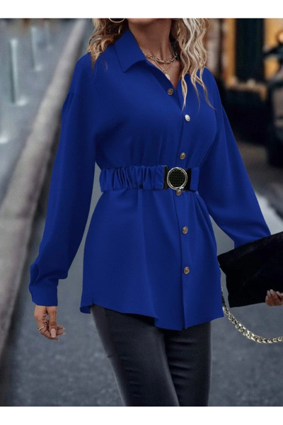 KentselBazaar Women's Long Sleeve Collared Front Buttoned Belted Imported Crepe Blouse