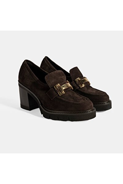 LUCA GROSSI Kadın Kahve Toka Aksesuarlı Topuklu Süet Loafer