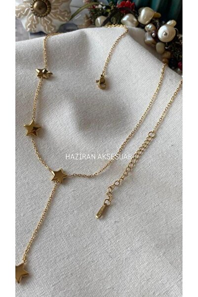 Haziran Accessory Y Formda 4 Star, Gold Women's Necklace with Steel Stamp, 45 cm
