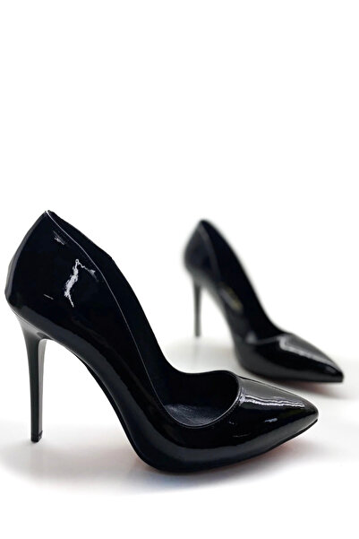 HAYYSHOES Stiletto Hakiki Deri Astarlı Siyah Rugan Topuklu Ayakkabı