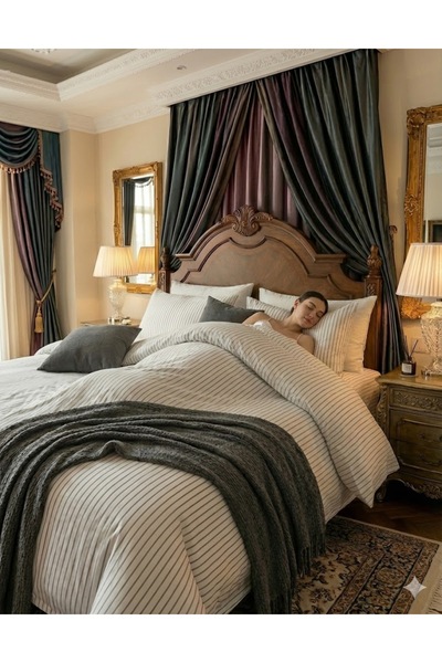 CAQQA White Striped Naturel Pamuk Çift Kişilik Nevresim Takımı