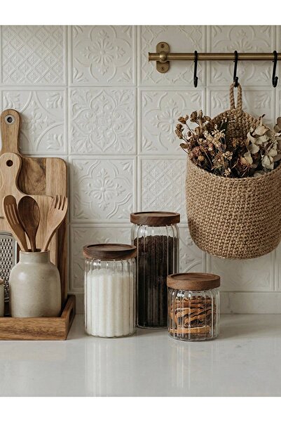 Frolde 3'lü Akasya Kapaklı Çizgili Model Yüksek Hacimli Kavanoz Seti (500+ 70...