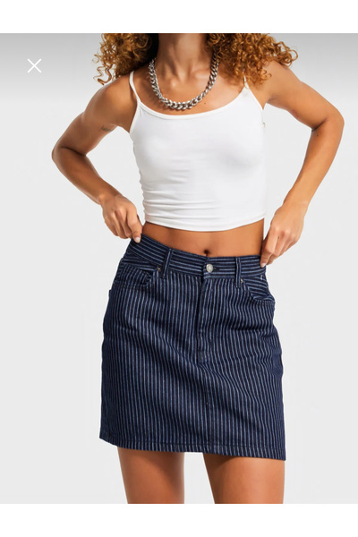 ZEYN ESTİLO Denim Etek Beyaz Çizgili