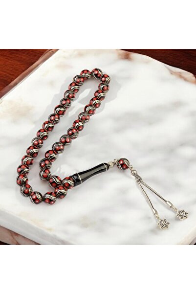 Burhan Sağlam Küre Kesim 10x10 mm İşlemeli Erzurum Oltu Taşı Gümüş Püsküllü Tesbih