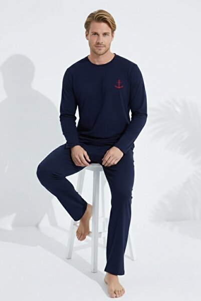 Free Beka Ανδρικό Σετ Πιτζάμες Εποχιακής Πιτζάμες Μακρυμάνικο Χτενισμένο Βαμβακερό Ύφασμα Anchor Navy Blue
