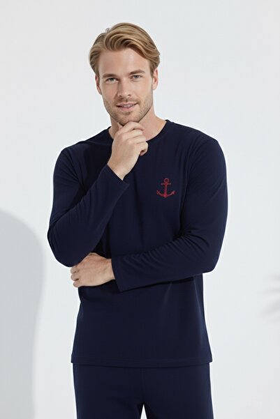 Free Beka Ανδρικό Σετ Πιτζάμες Εποχιακής Πιτζάμες Μακρυμάνικο Χτενισμένο Βαμβακερό Ύφασμα Anchor Navy Blue