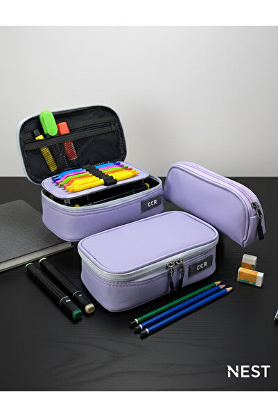 Nest Büyük Boy 2`li Set Lila Kalemlik Okul & Ofis Düzenleyici Fermuarlı Kalem...