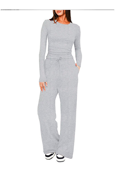 SOLOBUY Pyjamas Set Jersy Women's Long-Sleeved, Elastic Waist, Colar Round, Pants, Color Light Gray