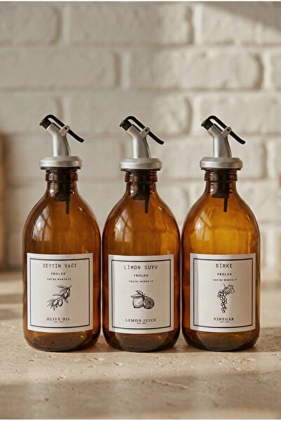 Frolde Amber Cam Zeytinyağı Limon Suyu Sirke Şişesi Yağdanlık 3lü Set 300ml