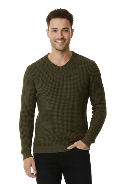 Rizz up Men's Khaki Square Patterned Slim Fit V-Neck Knitwear Sweater2300341