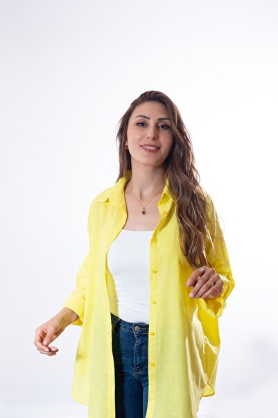 Justime Kadın Oversize Pamuk Keten Sarı Gömlek ( 100% Flamlı )