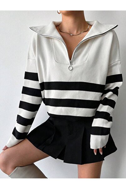 Jose Clothing Pulover de damă, alb, negru, cu dungi oversize, cu fermoar