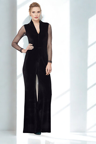 Laranor Women's Black Lurex Metallic Detailed Velvet Jumpsuit 17L6167