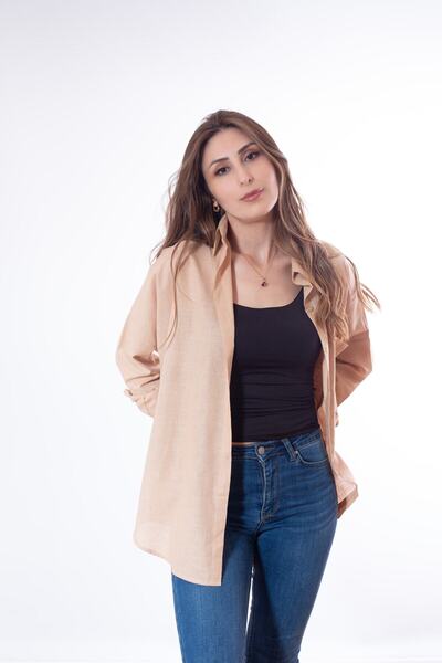 Justime Kadın Oversize Pamuk Keten Krem Gömlek ( 100% Flamlı )