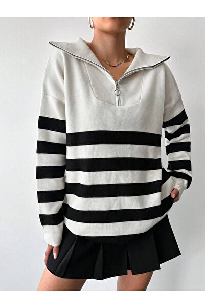 Jose Clothing Pulover de damă, alb, negru, cu dungi oversize, cu fermoar