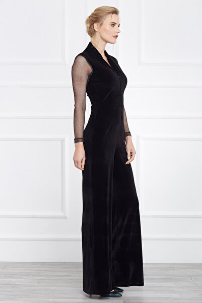 Laranor Women's Black Lurex Metallic Detailed Velvet Jumpsuit 17L6167