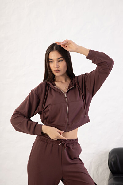 YusGos Women's Long Sleeve Zippered Modal Fabric Pocketed Hooded Crop Plum