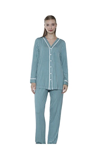 LİMİSSİ Σετ Πιτζάμες Βισκόζης Ριγέ Πράσινο 100% Βαμβάκι Πράσινο Μ