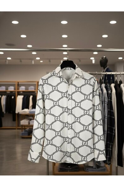 YusGos Long Sleeve Cotton Stretch Fabric Corded Fabric Chain Pattern Regular Fit Premium Winter Men's Shirt White XL