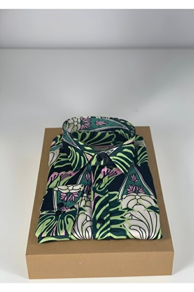 YusGos Long Sleeve Cotton Easy Iron Retro Pattern Regular Fit Premium Men's Shirt Green XL