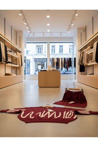 YusGos Women's Bat Sleeve Sweater Mini Skirt Knitwear Winter Set Burgundy XS