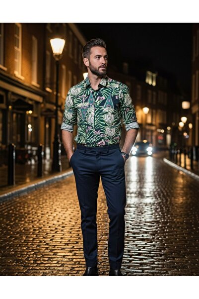 YusGos Long Sleeve Cotton Easy Iron Retro Pattern Regular Fit Premium Men's Shirt Green XL