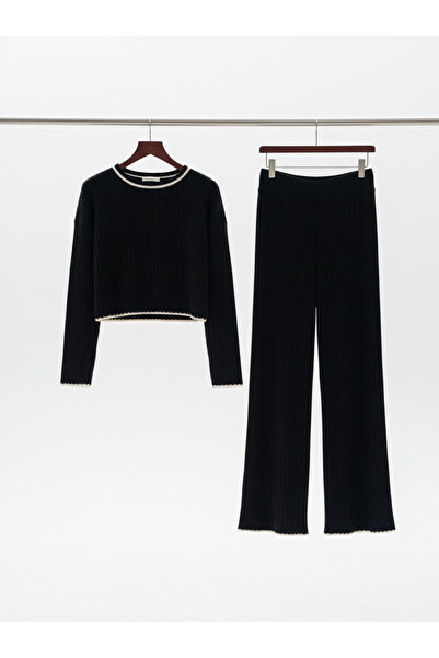 YusGos Women's Crew Neck Shepherd Stitch Knit Crop Sweater Pants Knitwear Top and Bottom Set Black