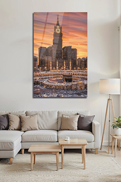 B&G DESIGN Mekke Kâbe ve Saat Kulesi Manzaralı Cam Tablo – Yüksek Çözünürlükl...
