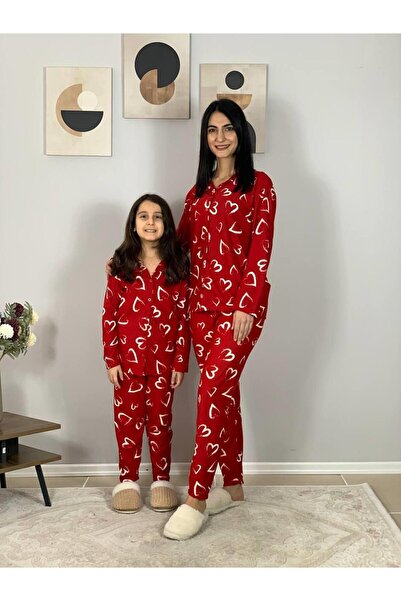 YusGos Mother Daughter Matching Outfits Front Button Peter Pan collar 100% Cotton Heart Pattern Pajamas Set (Red) Red 2XL