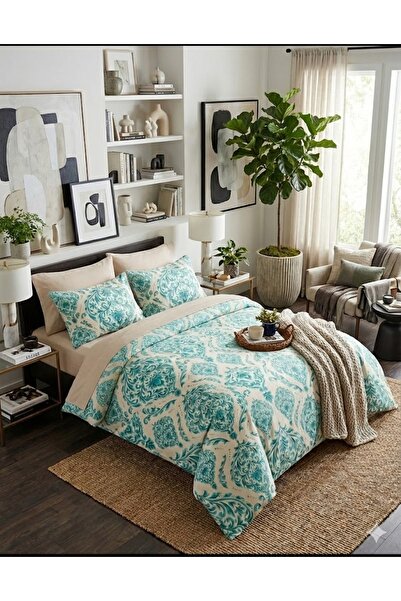 CAQQA Damask Lastikli Çarşaflı Çift Kişilik Pamuk Nevresim Takımı