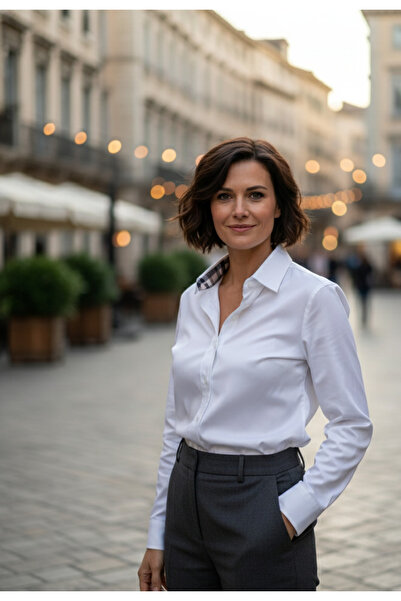 YusGos Women's Long Sleeve Easy Iron Cotton Satin Regular Plaid Detailed High Quality Premium Office Shirt Bey