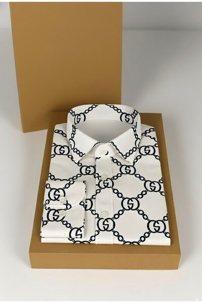 YusGos Long Sleeve Cotton Stretch Fabric Corded Fabric Chain Pattern Regular Fit Premium Winter Men's Shirt White XL